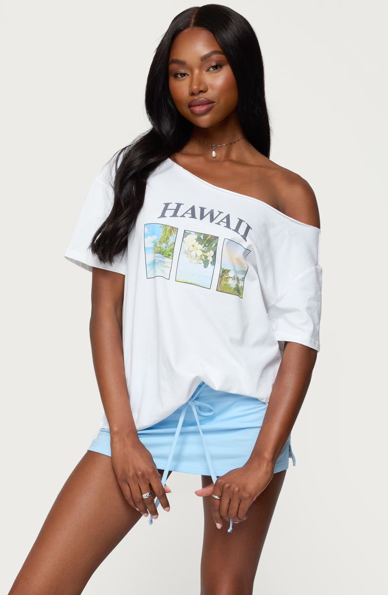 EDIKTED Hawaiian Babe Off the Shoulder Cotton Graphic T-Shirt, Alternate, color, White