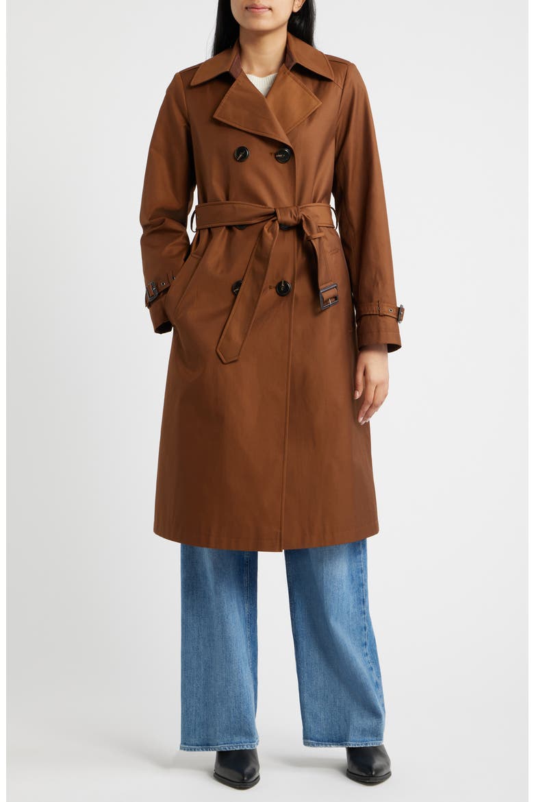 Double Breasted Trench Coat with Faux Suede Detail, Main, color, TOFFEE