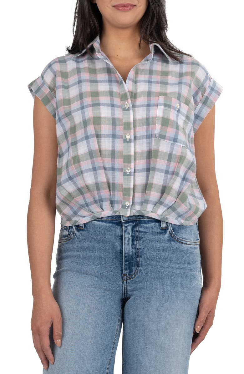 KUT from the Kloth Vega Plaid Bubble Hem Cotton Button-Up Shirt, Main, color, 