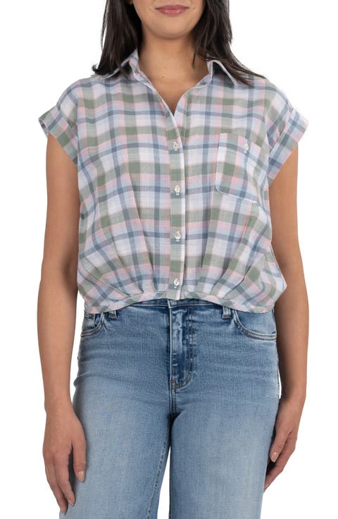 Solid Urban Ribbed Plaid Contrast Top with Rounded Hem