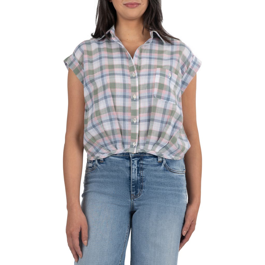 Kut From The Kloth Vega Plaid Bubble Hem Cotton Button-up Shirt In Pink/green