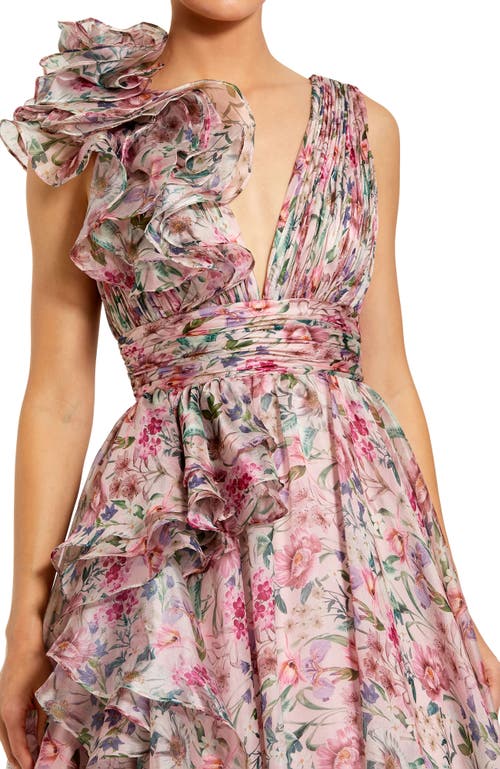 MAC DUGGAL MAC DUGGAL RUFFLE SHOULDER V-NECK PRINTED CHIFFON GOWN