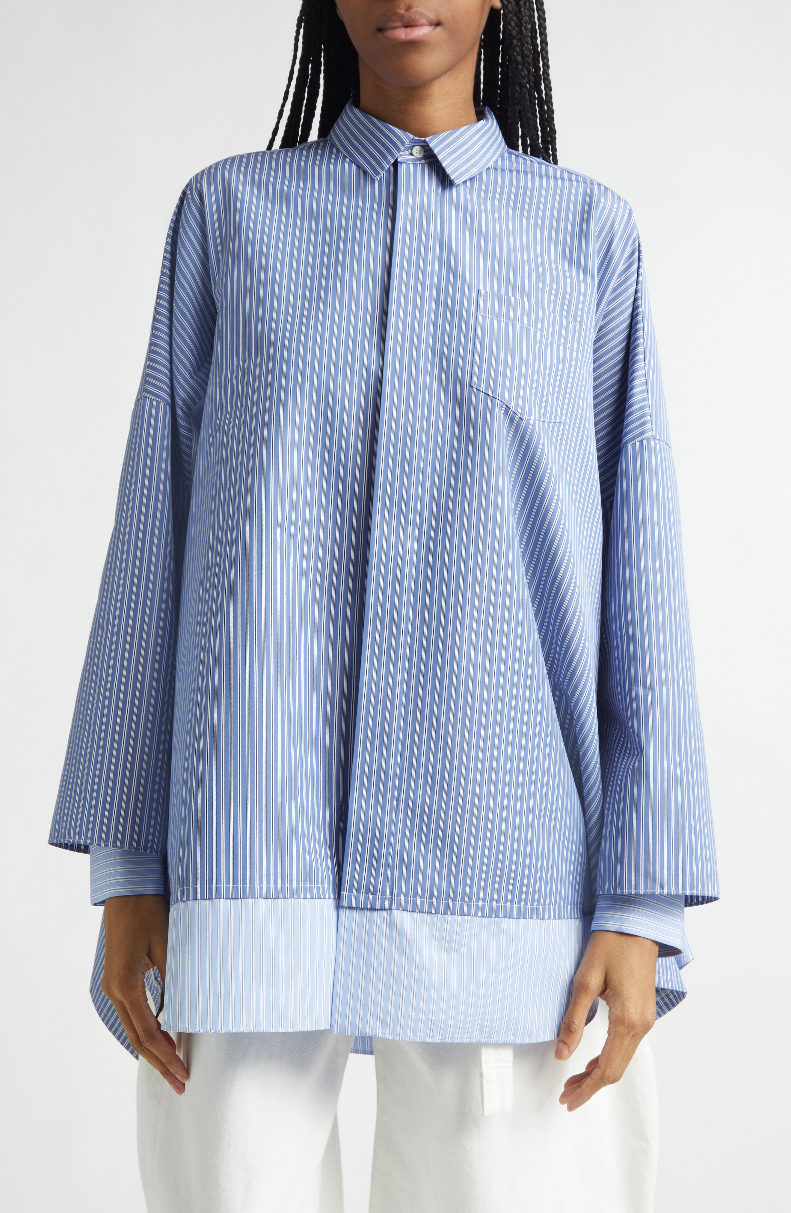 Mixed Stripe Oversize Poplin Button-Up Shirt