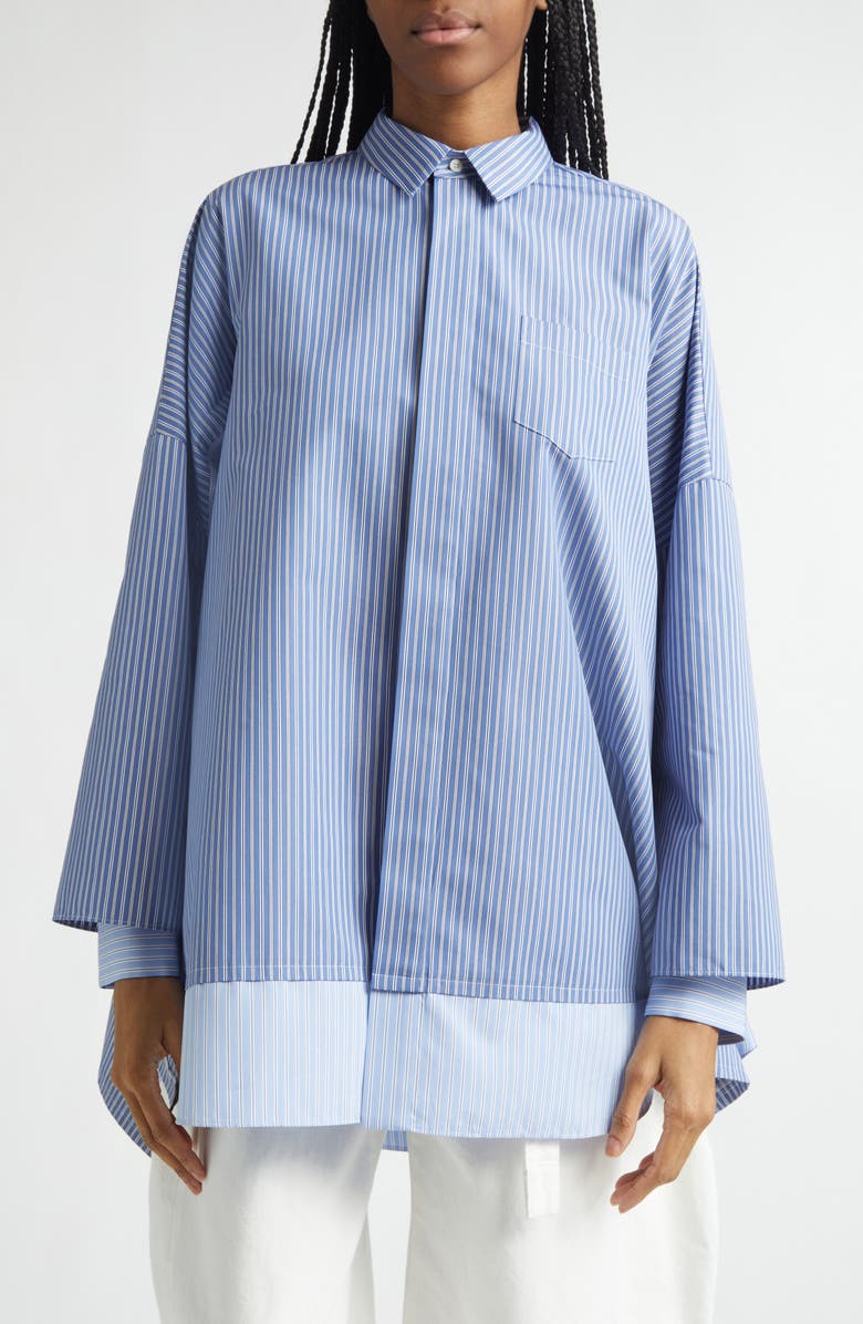 Sacai Mixed Stripe Oversize Poplin Button-Up Shirt, Main, color, Blue Stripe