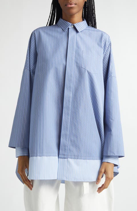 Mixed Stripe Oversize Poplin Button-Up Shirt