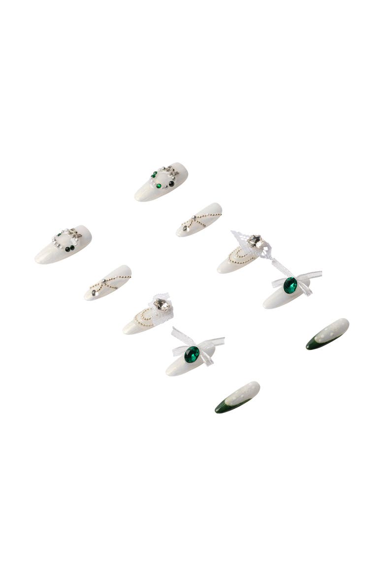 Emerald Noir Luxury Handmade Press On Nails, Alternate, color, White/Green