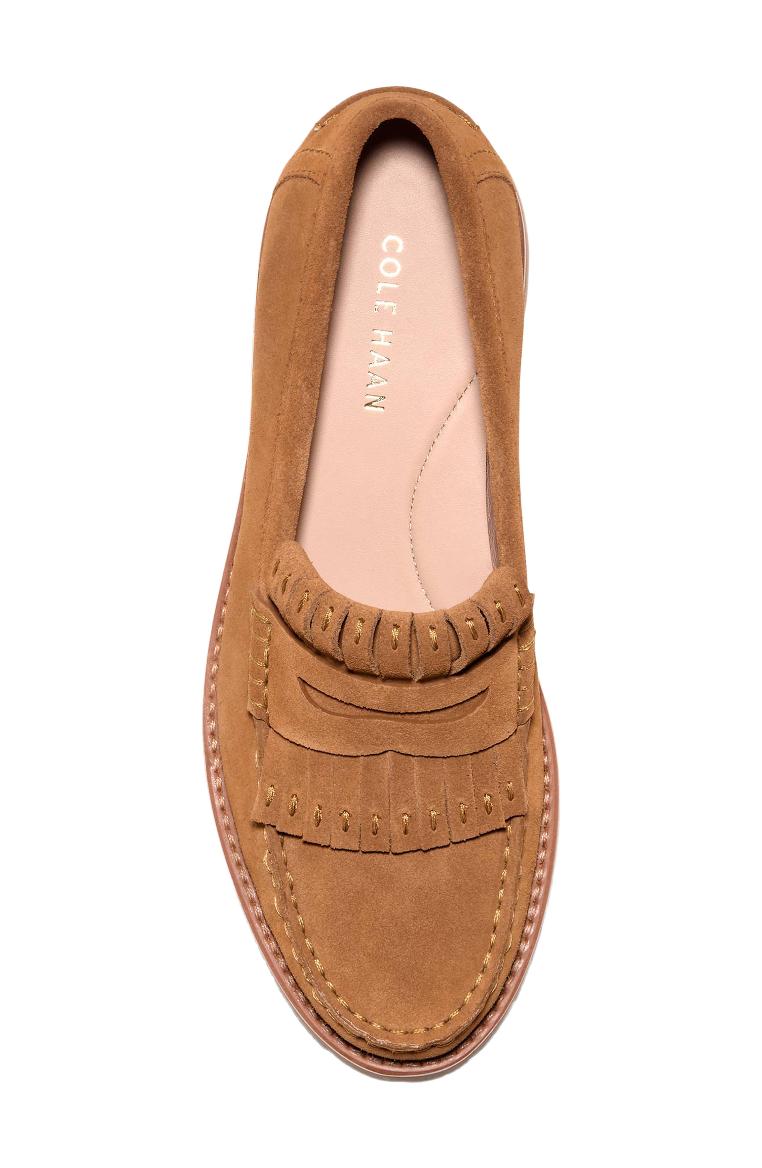 Cole Haan Treena Lug Sole Kiltie Loafer, Alternate, color, Golden Honey Cow Suede