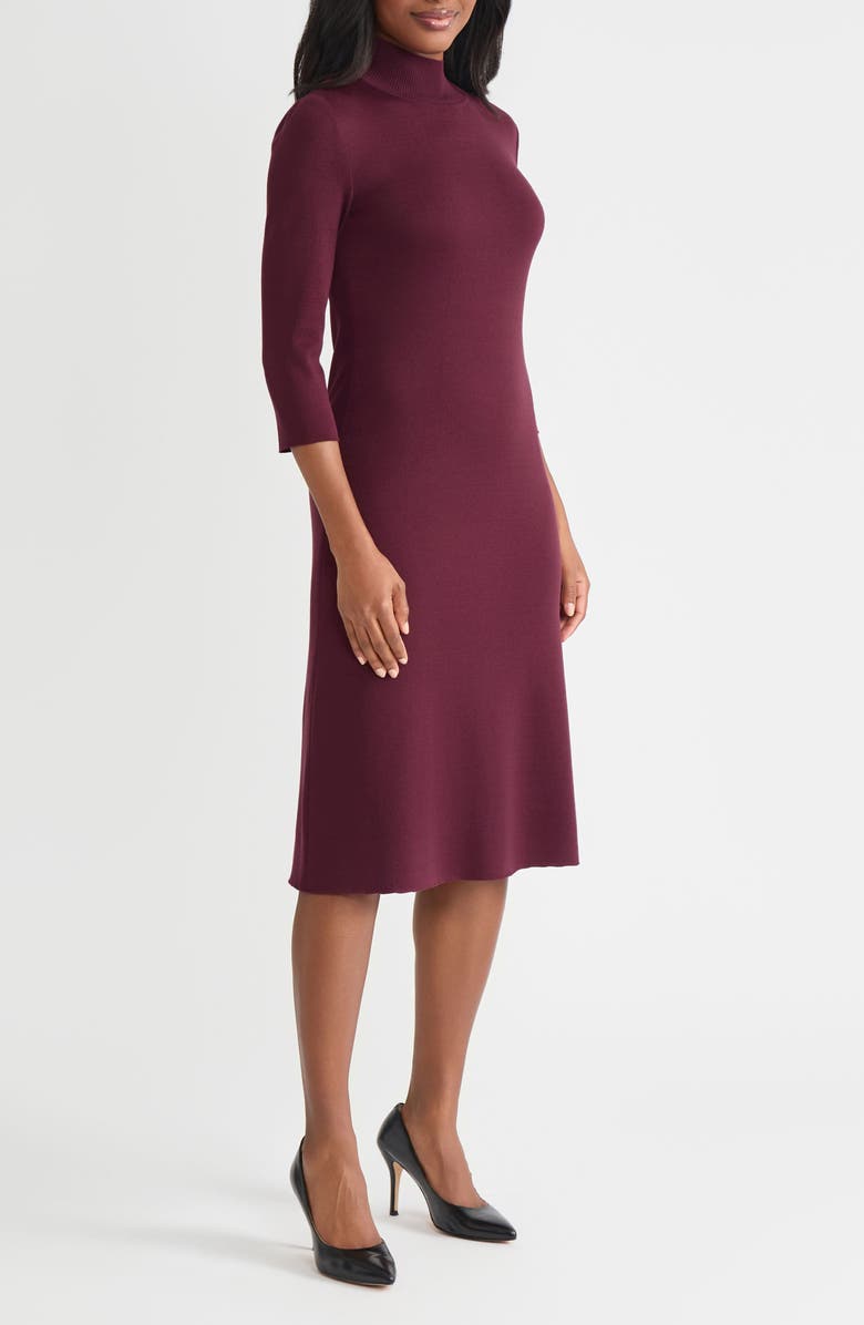 Misook Mock Neck A-Line Knit Midi Dress, Alternate, color, Sangria
