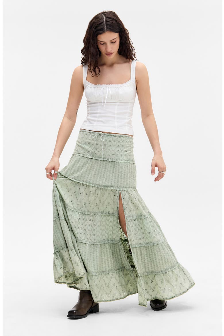 Embroidered Eyelet Tiered Cotton Maxi Skirt, Alternate, color, GREEN