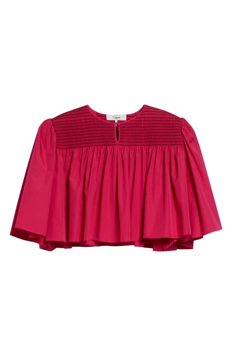 Crop Smocked Yoke Cotton Poplin Top