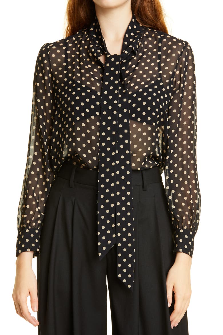 Carina Tie Neck Silk Top, Main, color, BLACK/ BEIGE DOT