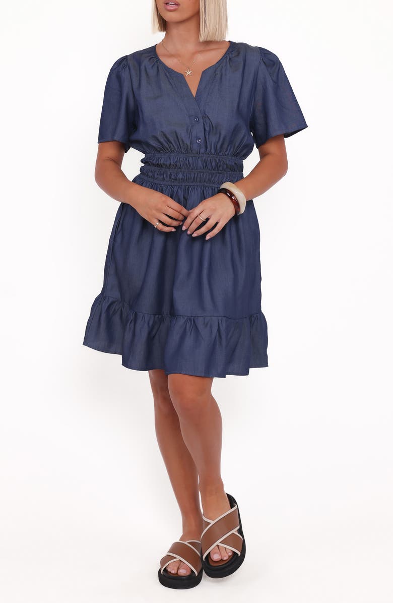 Petal & Pup Morwenna Ruffle Chambray Minidress, Main, color, Chambray