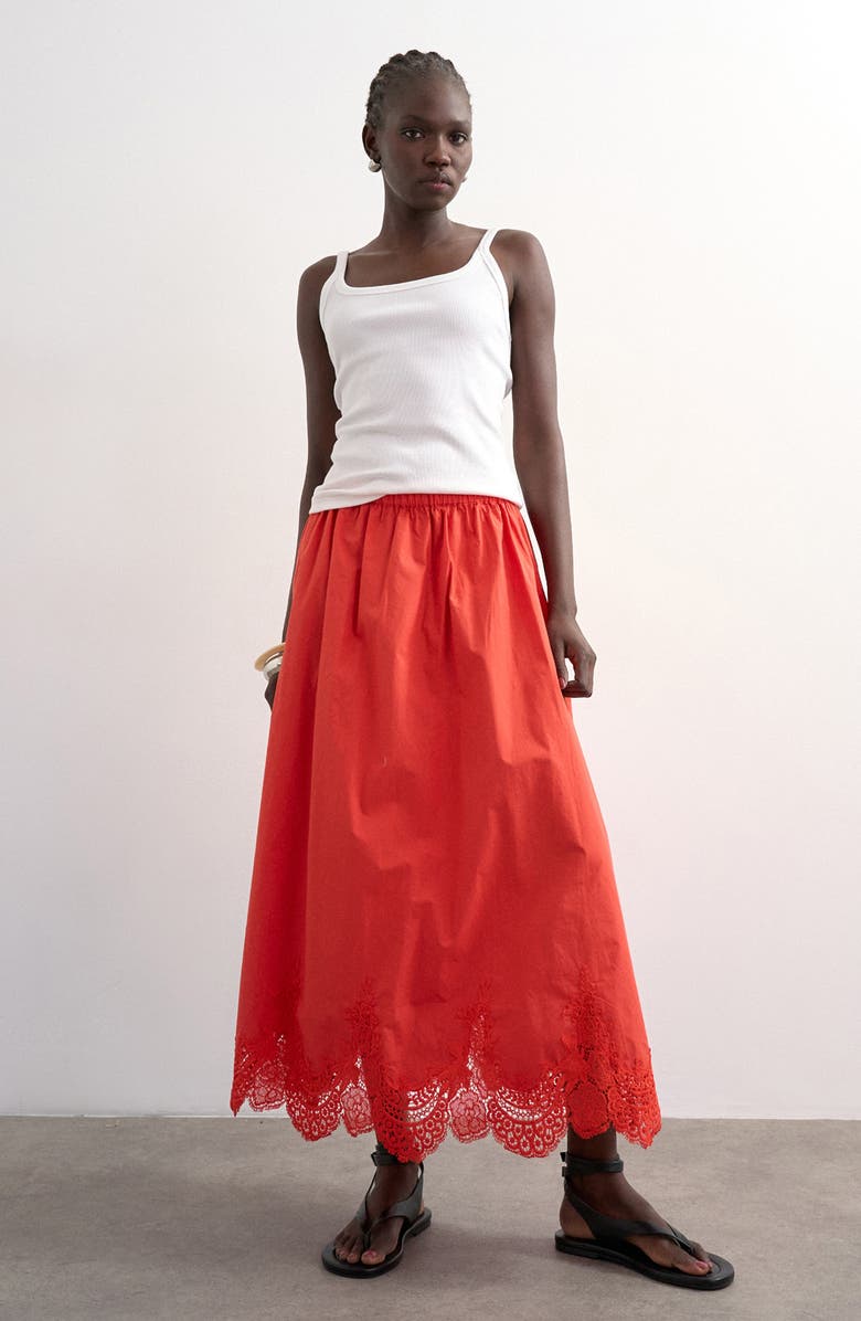 Topshop Lace Hem Maxi Skirt, Alternate, color, Red