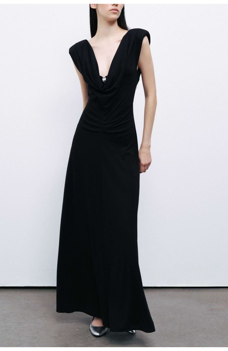 Nocturne Black Padded Shoulder V-Neck Maxi Dress, Main, color, 