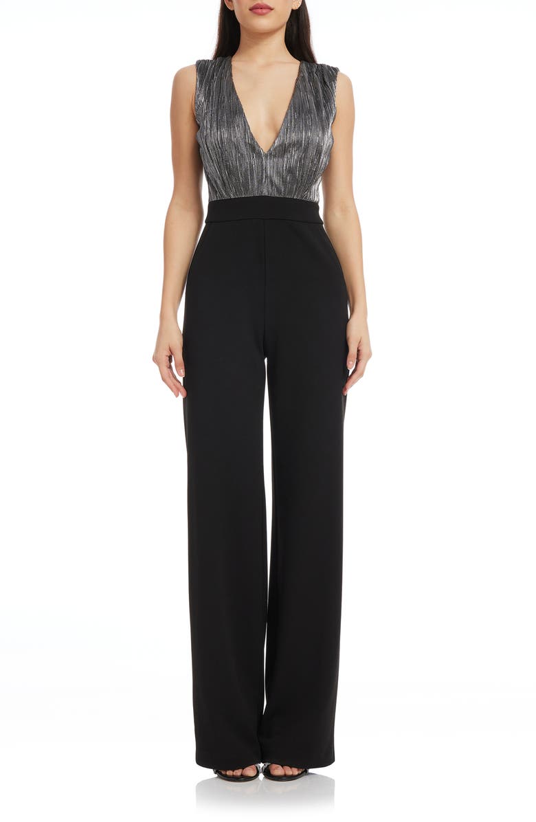 Dress the Population Everette Metallic Bodice Mixed Media Jumpsuit, Main, color, Black-Silver