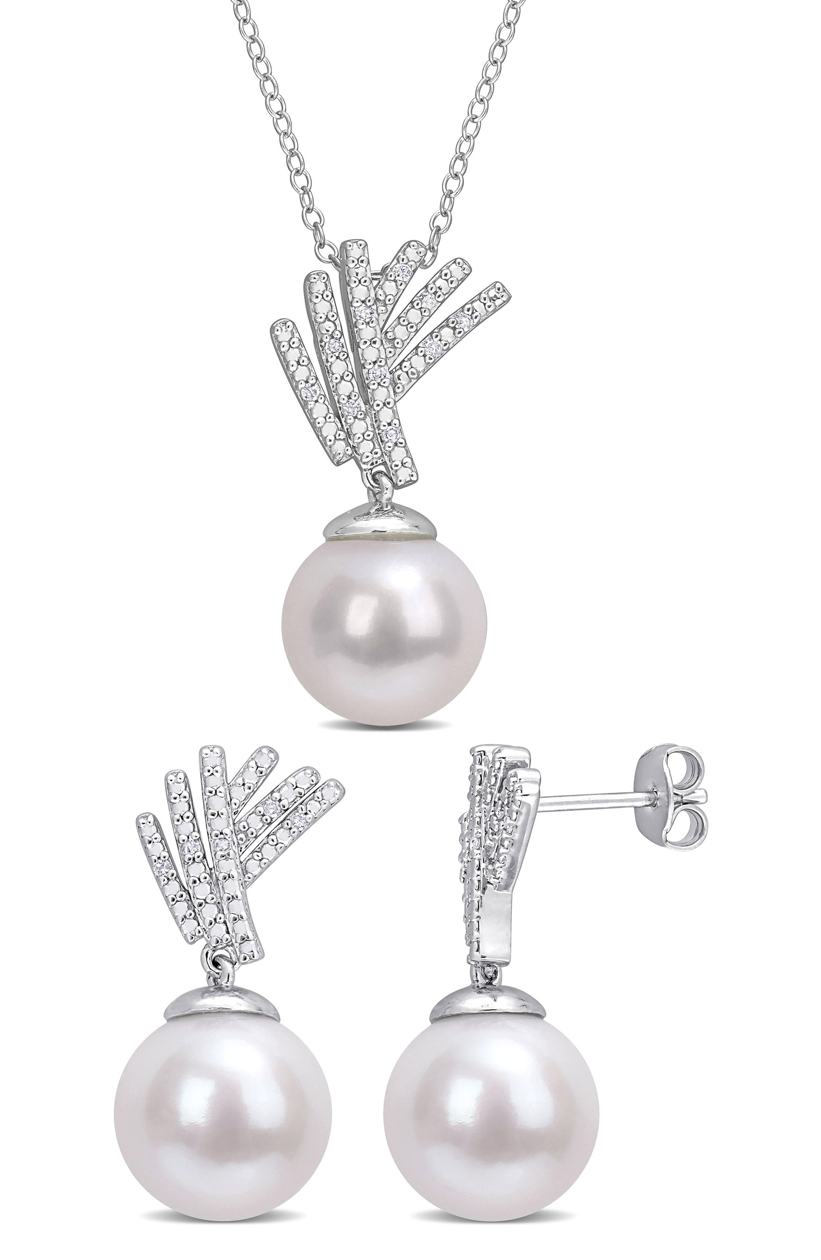 DELMAR 11-12mm Cultured Freshwater Pearl & Diamond Pendant Necklace & Earrings Set - 0.1ct.