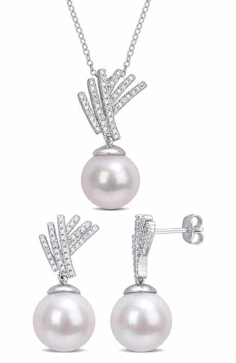 DELMAR 11-12mm Cultured Freshwater Pearl & Diamond Pendant Necklace & Earrings Set - 0.1ct.