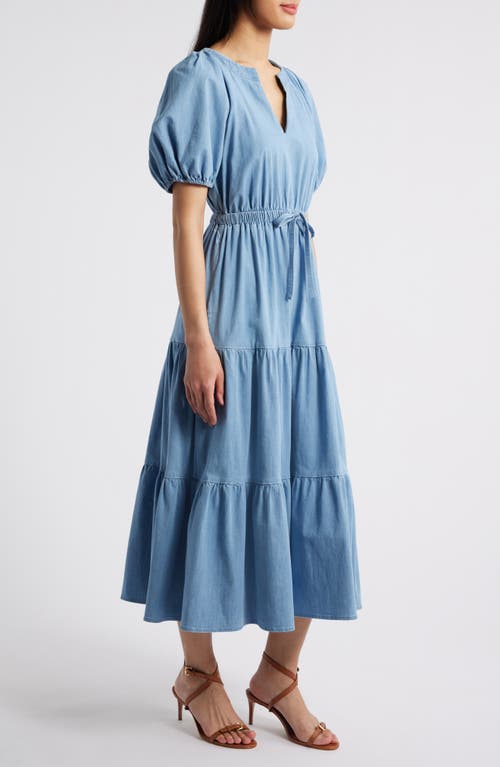 Anne Klein Puff Sleeve Tiered Denim Midi Dress In Blue