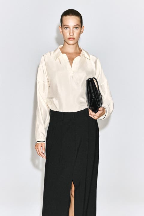 Contrast-Tipped Sculpted Open-Collar Shirt