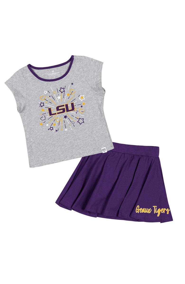 COLOSSEUM Girls Toddler Colosseum Heather Gray/Purple LSU Tigers Two-Piece Minds For Molding T-Shirt & Skirt Set, Main, color,