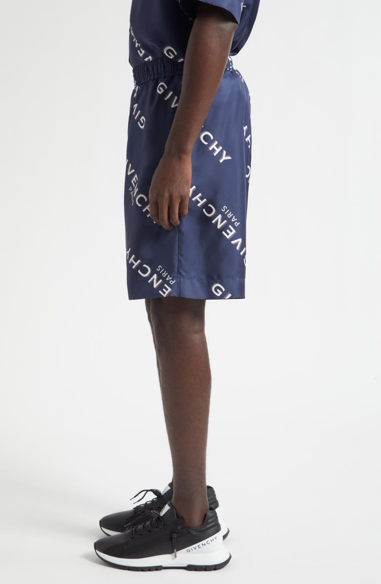 Givenchy Logo Print Elastic Waist Silk Shorts, Alternate, color, Navy