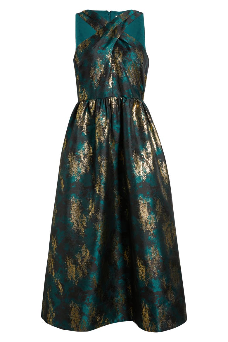 Metallic Crossover Neck Brocade Dress, Alternate, color, MIDNIGHT PINE MULTI