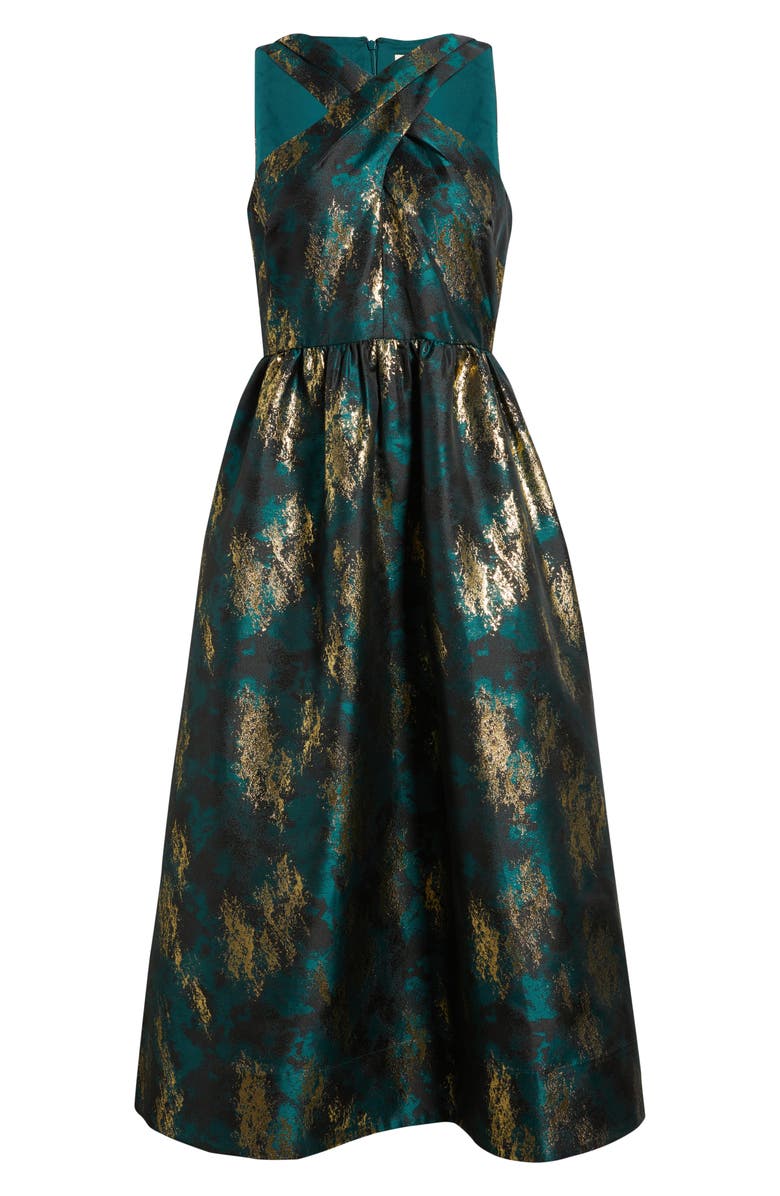 Anne Klein Metallic Crossover Neck Brocade Dress, Alternate, color, Midnight Pine Multi