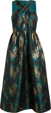 Anne Klein Metallic Crossover Neck Brocade Dress