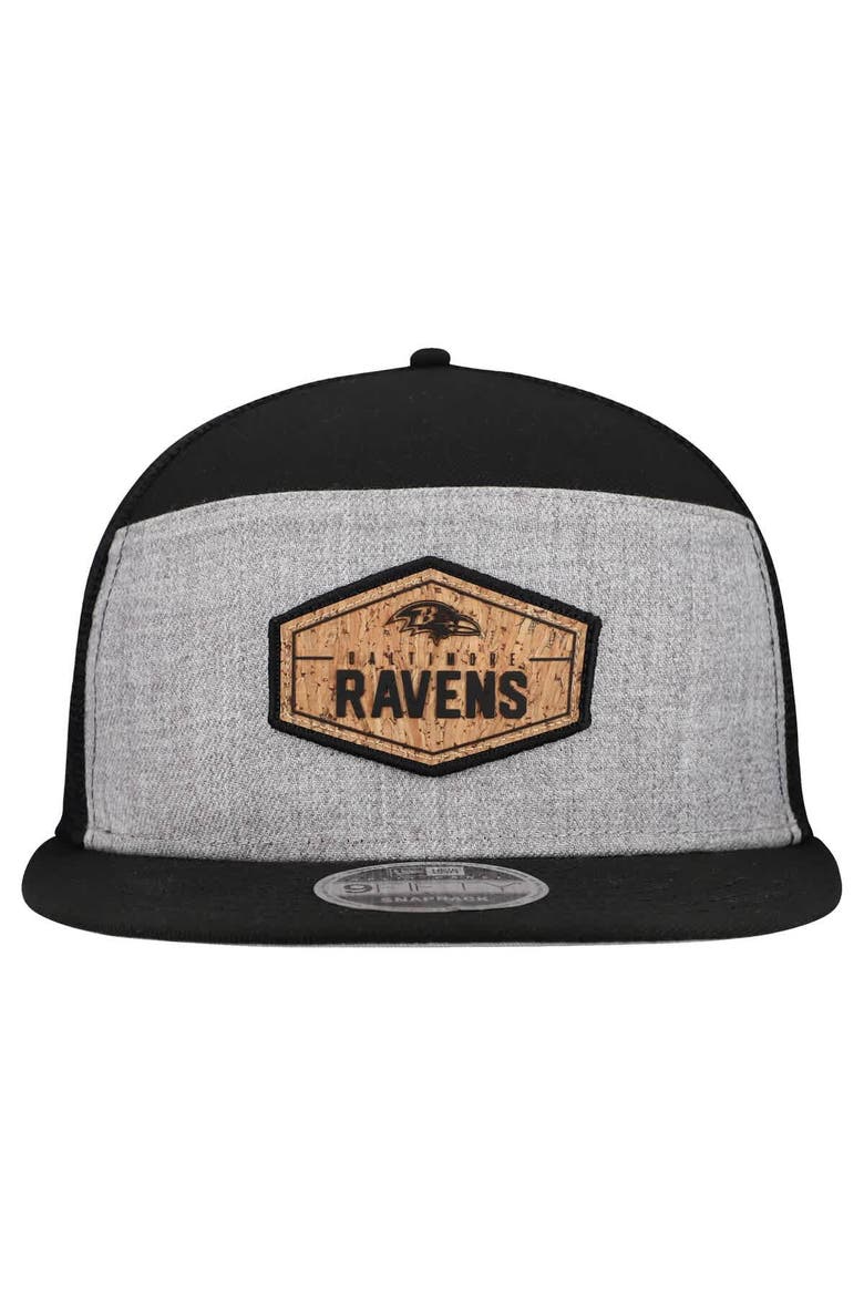 Men's New Era  Gray/Black Baltimore Ravens Cork Split Panel 9FIFTY Trucker Snapback Hat, Alternate, color, Gray