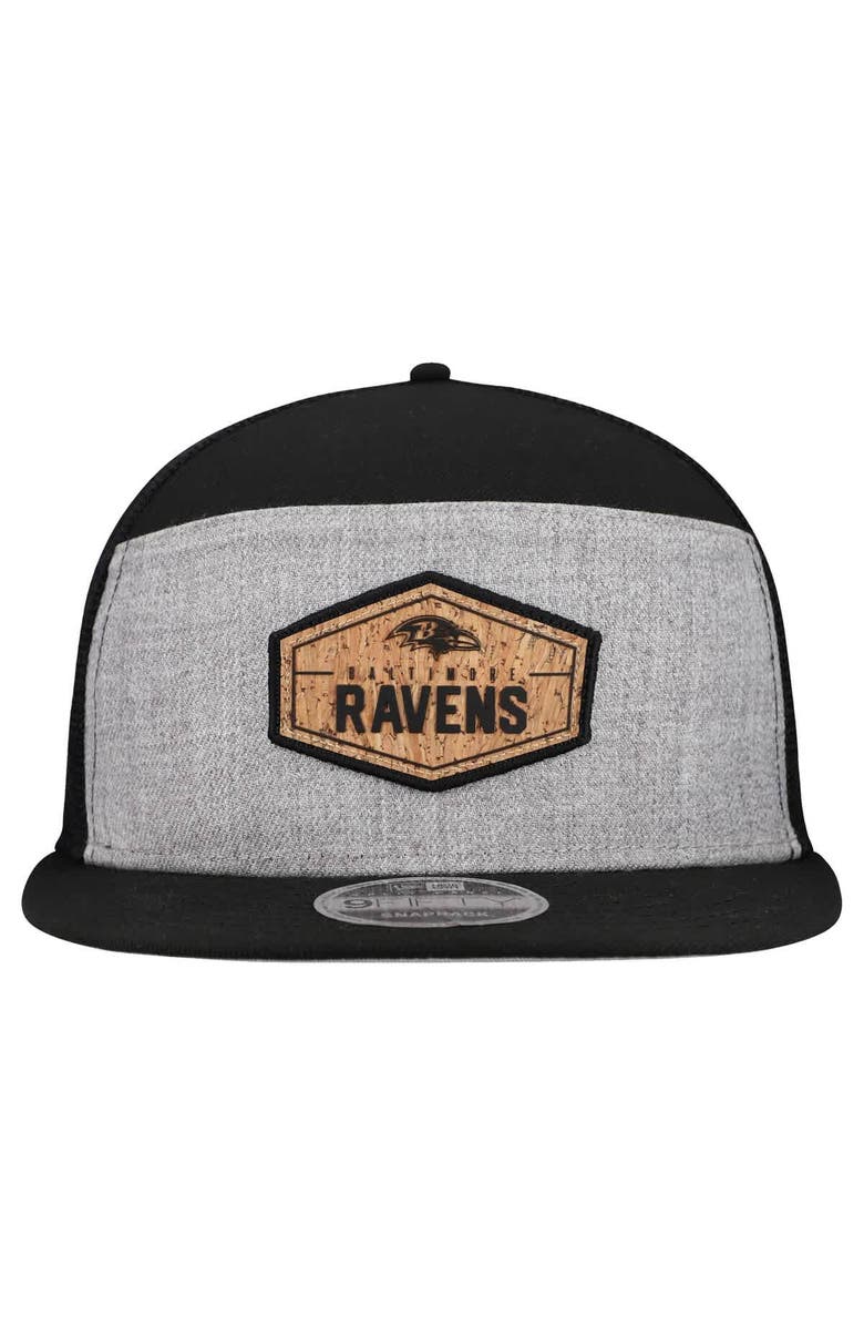 New Era Men
s New Era  Gray/Black Baltimore Ravens Cork Split Panel 9FIFTY Trucker Snapback Hat, Alternate, color, Gray