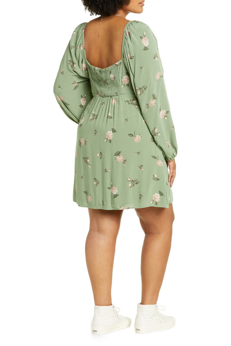 Lace Trim Long Sleeve Babydoll Dress, Alternate, color, GREEN ROSEBUD