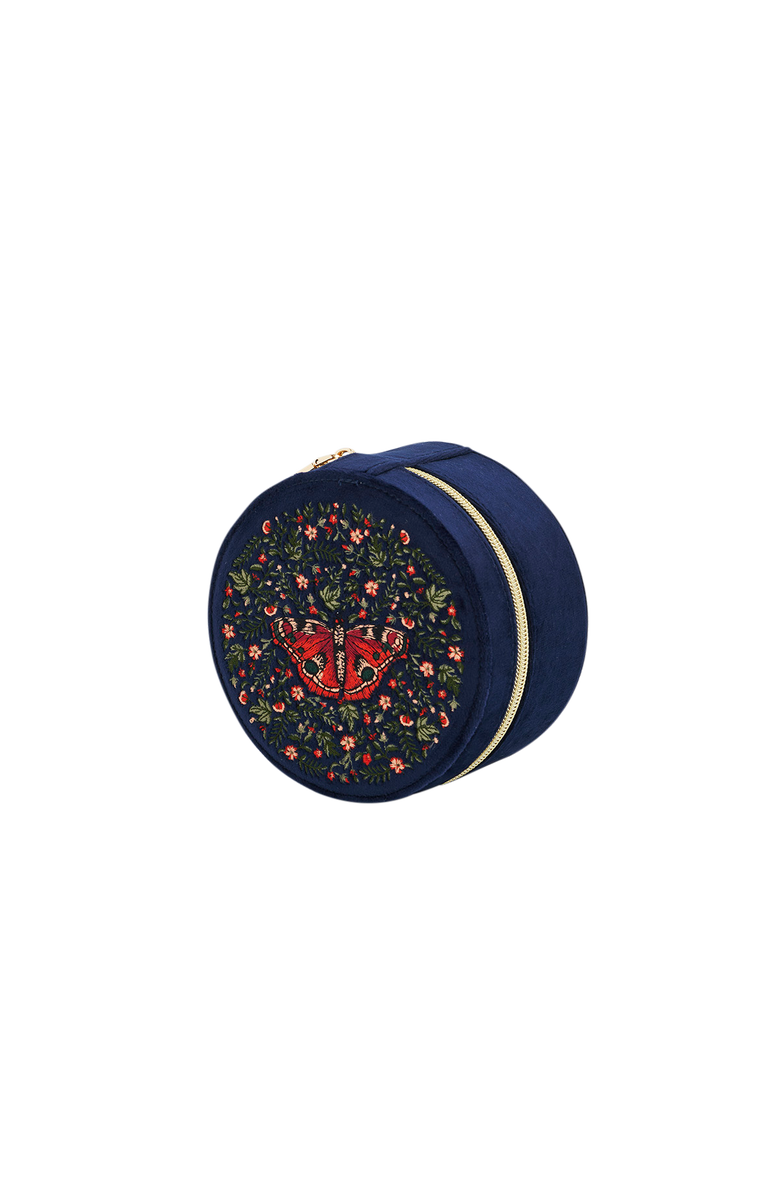 Fable England Butterfly Velvet Embroidered Circle Jewellery Box, Alternate, color, Navy