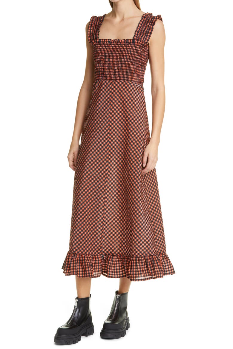 Plaid Smocked Seersucker Maxi Sundress, Alternate, color, FLAME