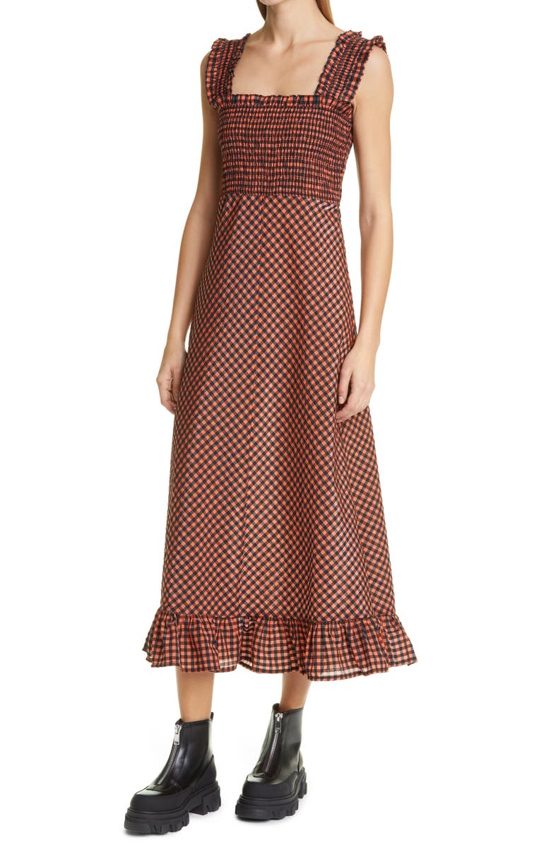 Ganni Plaid Smocked Seersucker Maxi Sundress, Alternate, color, 