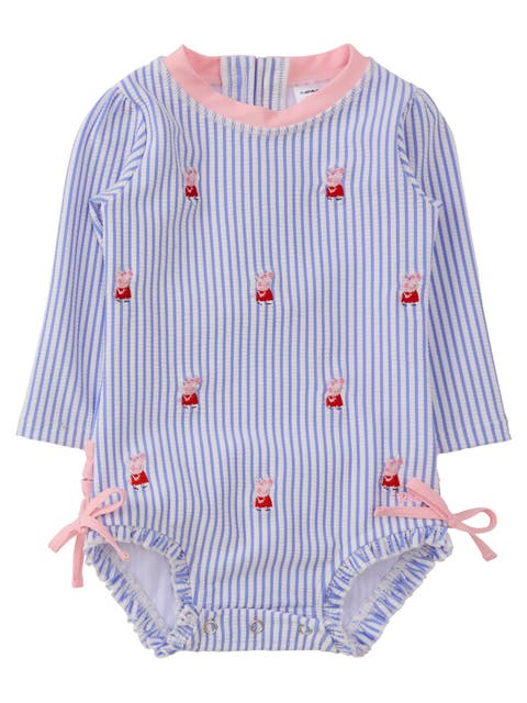Peppa Pig Seersucker Long Sleeve One Piece Rash Guard Swimsuit, With Signature Rear Ruffles (baby, Toddler)