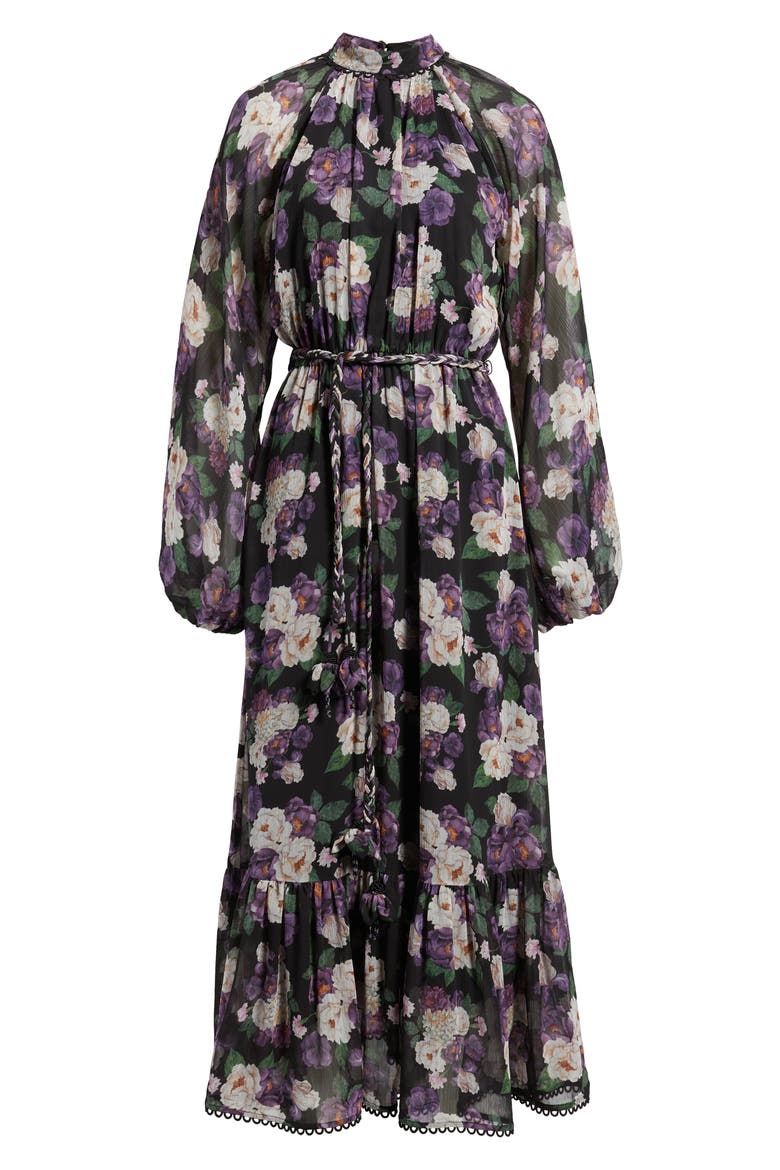 Jasmine Floral Tie Waist Maxi Dress, Alternate, color, BLACK PURPLE MAUE