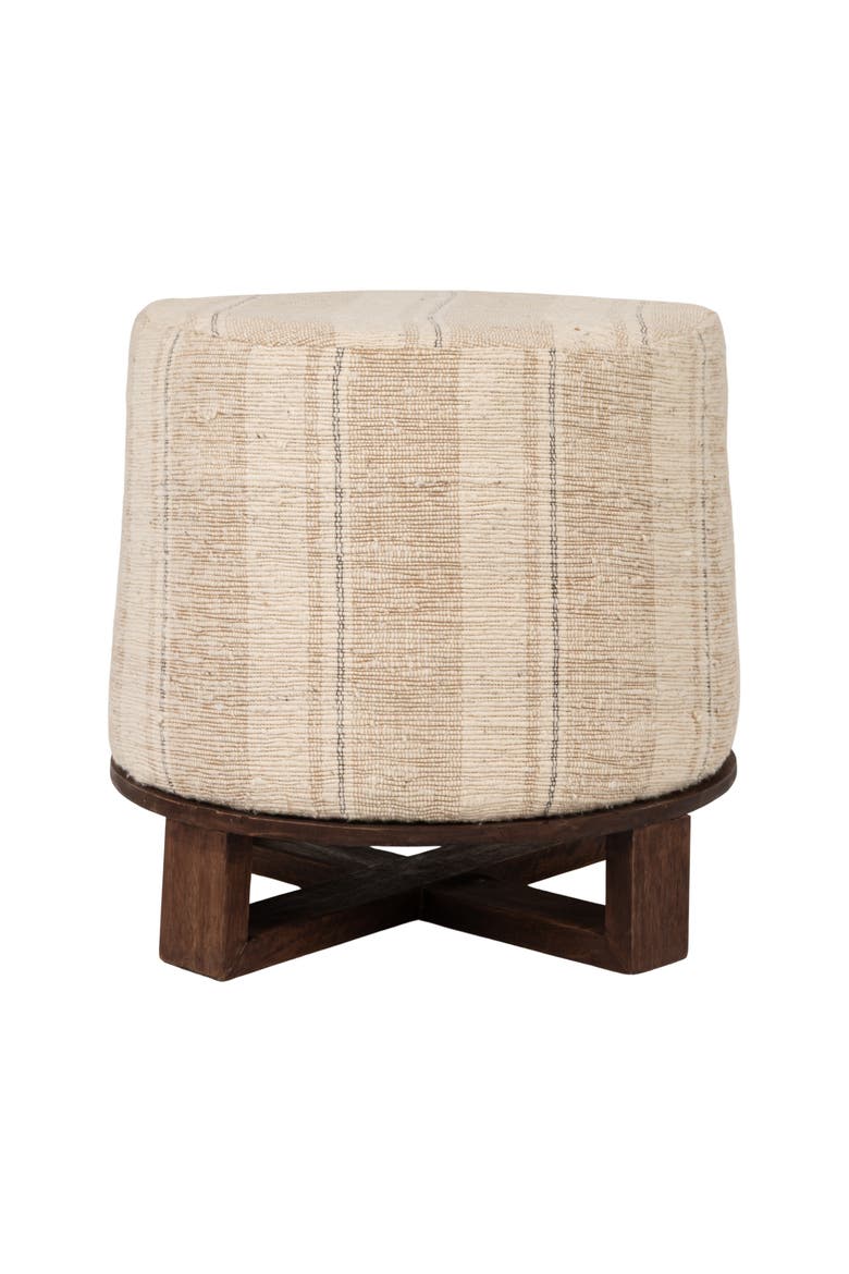 Woven Round Ottoman Stool in Striped Upholstery, Main, color, Ivory