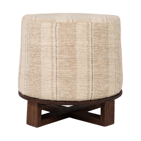 Woven Round Ottoman Stool in Striped Upholstery