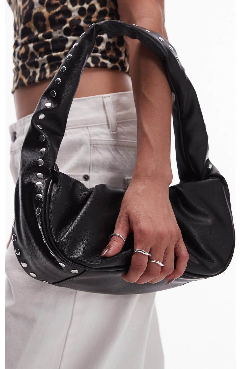 Topshop Sasha Ruched Studded Faux Leather Shoulder Bag, Alternate, color,