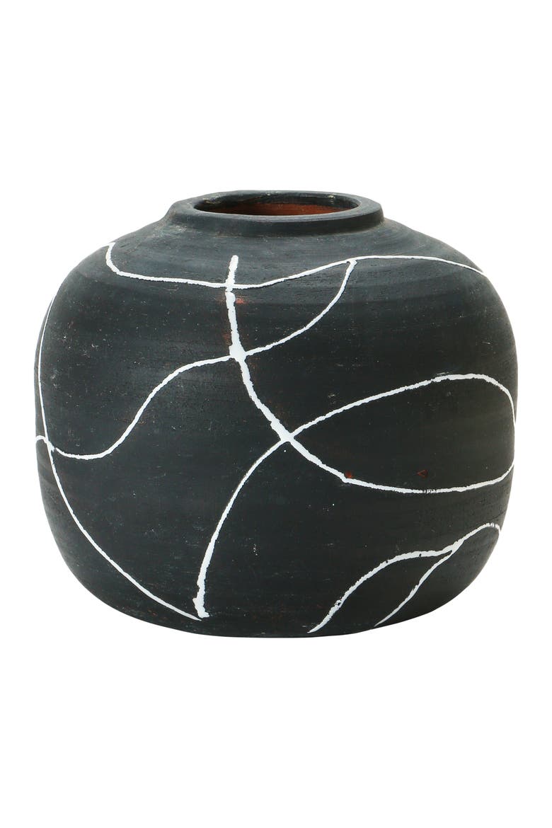Round Decorative Terra-cotta Vase with Hand-painted Intersecting Lines, Black and White, Main, color, Black