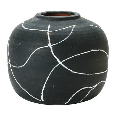 Round Decorative Terra-cotta Vase with Hand-painted Intersecting Lines, Black and White