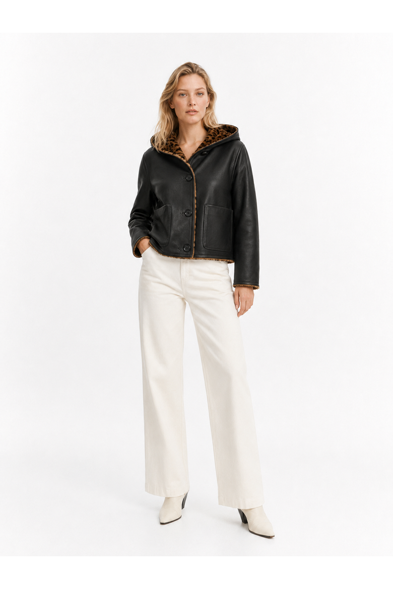 Fantasia Reversible Merino Shearling Jacket, Alternate, color, Black/Leo