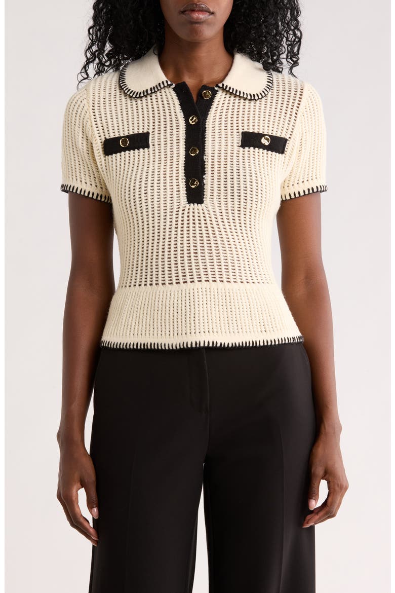 Open Stitch Polo Sweater, Main, color, CREAM/ BLACK