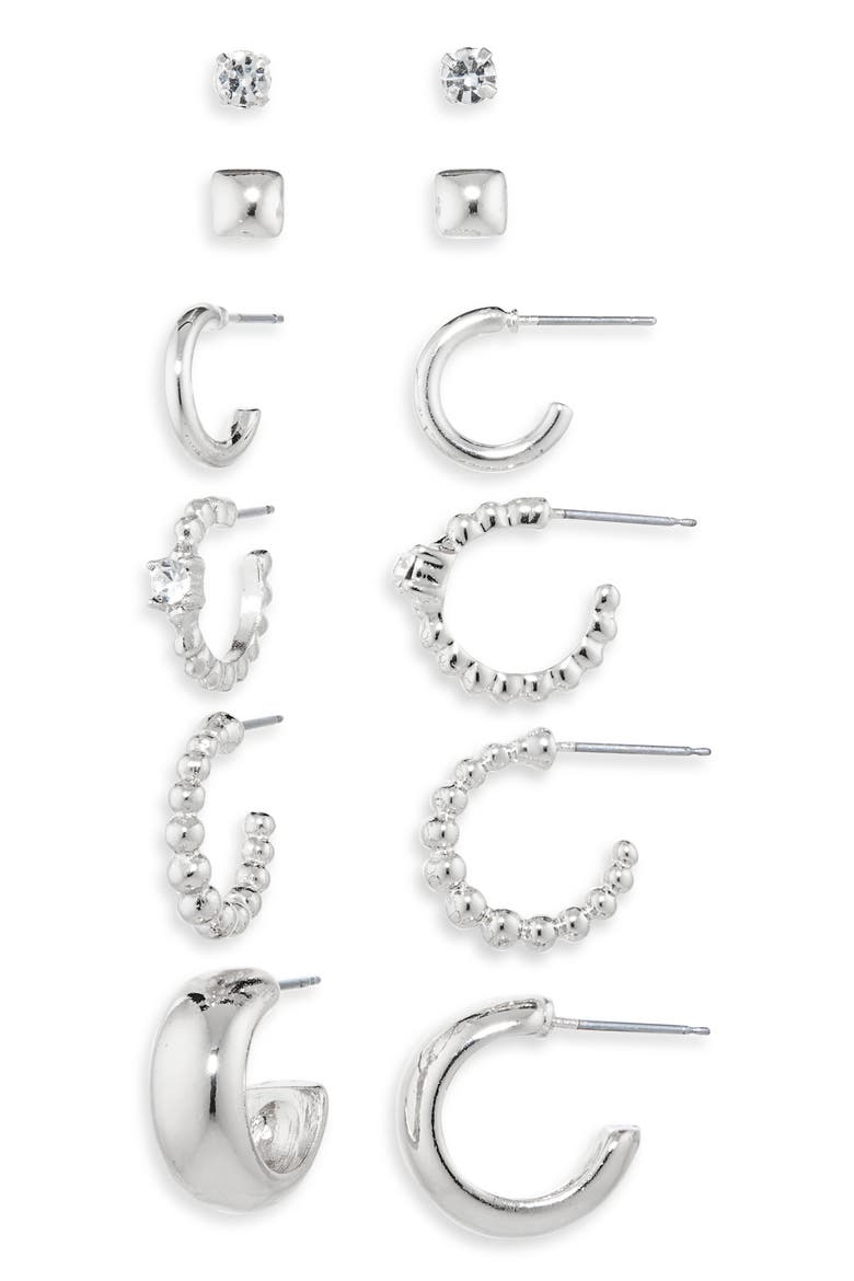 Set of 6 Stud & Hoop Earrings, Main, color, CLEAR- SILVER