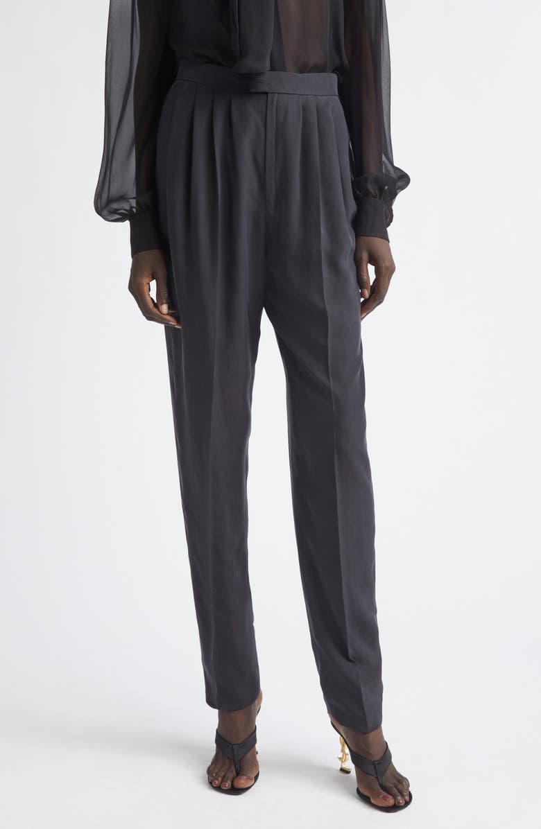 Saint Laurent Tailored Silk Straight Leg Pants, Main, color, Noir