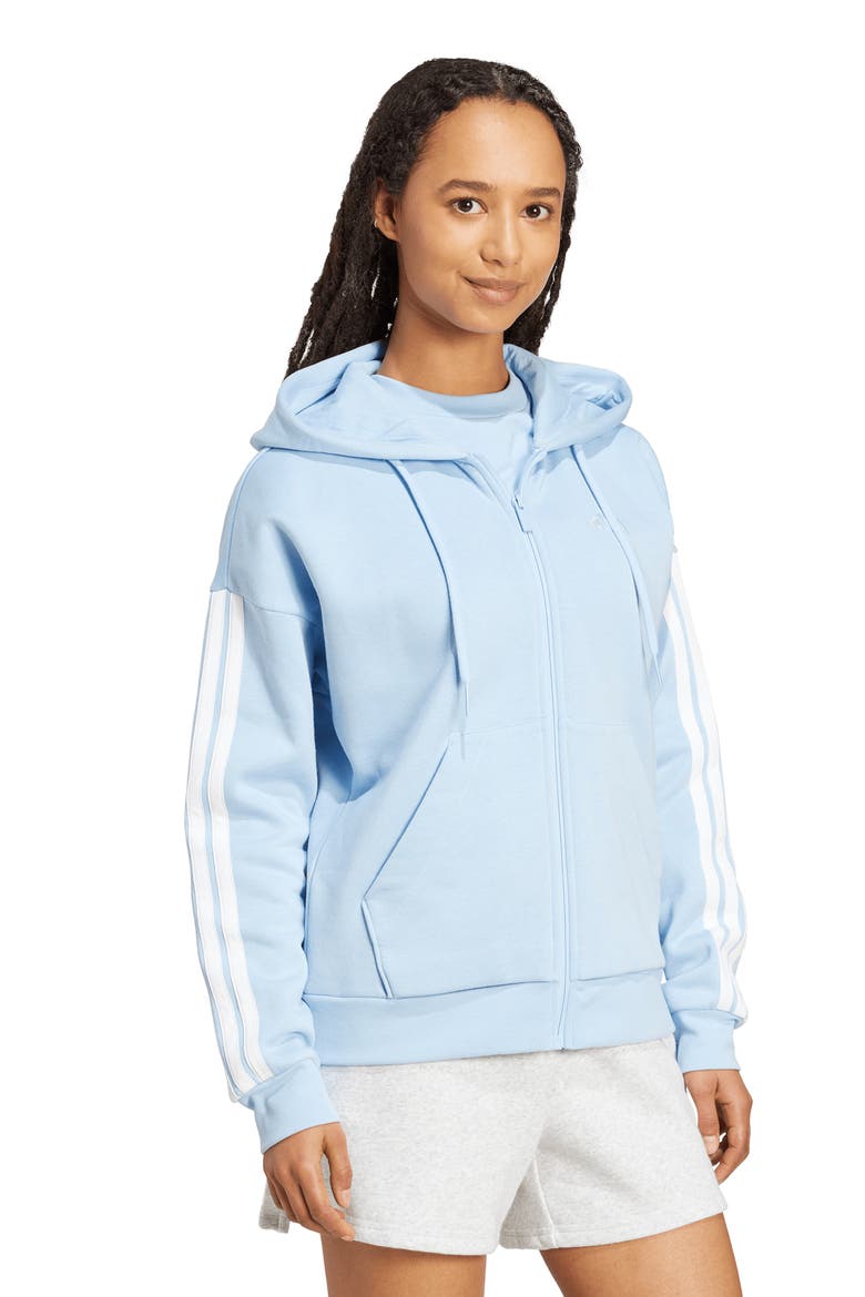 Essential 3-Stripes Full Zip Hoodie, Alternate, color, GLOW BLUE/ WHITE