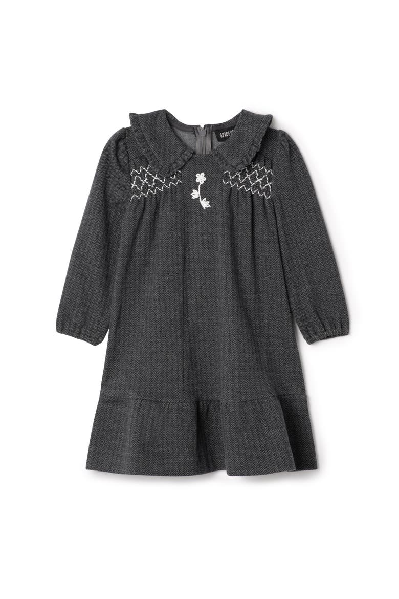 Herringbone Stretch A-Line Dress with Frilled Collar, Main, color, Black
