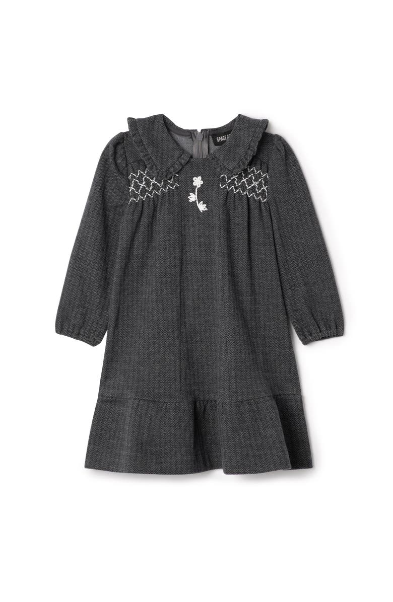Space Grey Herringbone Stretch A-Line Dress with Frilled Collar, Main, color, Black