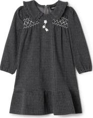 Space Grey Herringbone Stretch A-Line Dress with Frilled Collar