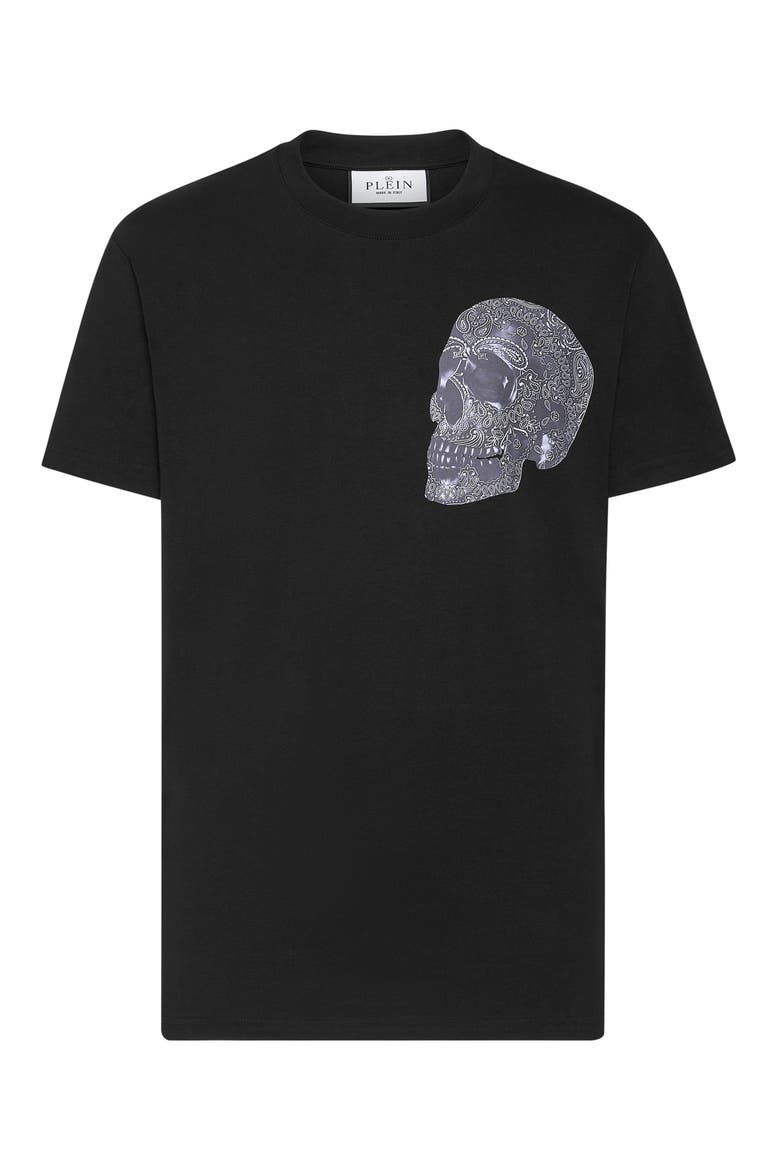 T-Shirt Round Neck Paisley Men, Alternate, color, black/white